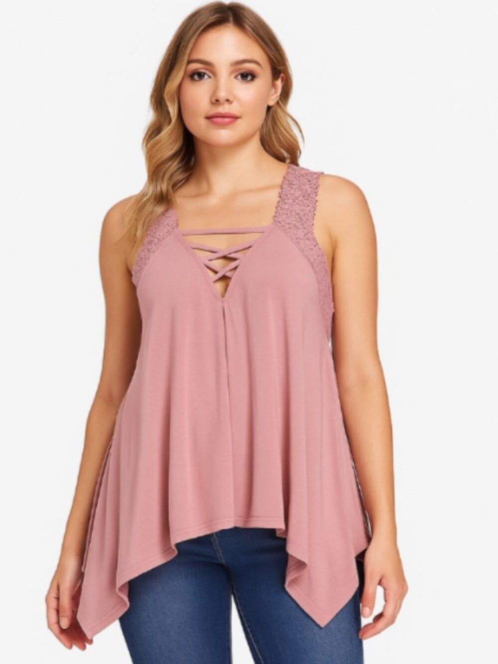 NEW Capella Large Dusty Rose Blouse Sleeveless Lace Trim Handkerchief Hem BOHO